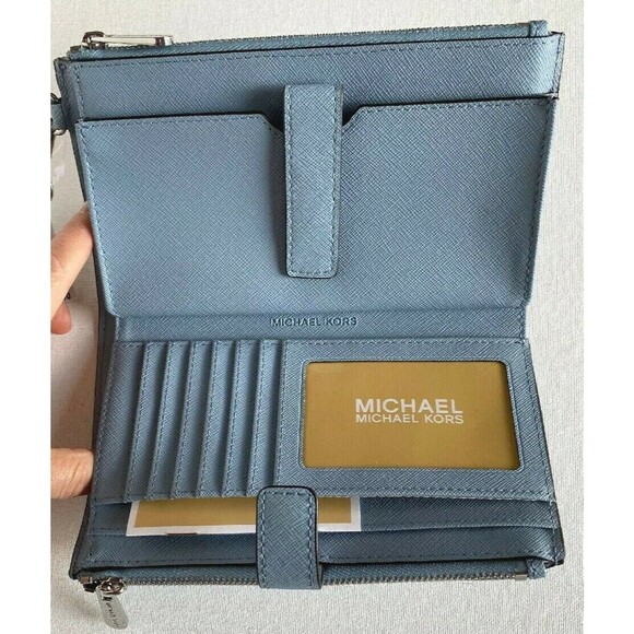 New Michael Kors Jet Set Travel Double zip wristlet wallet Leather Powder Blue - Picture 5 of 7